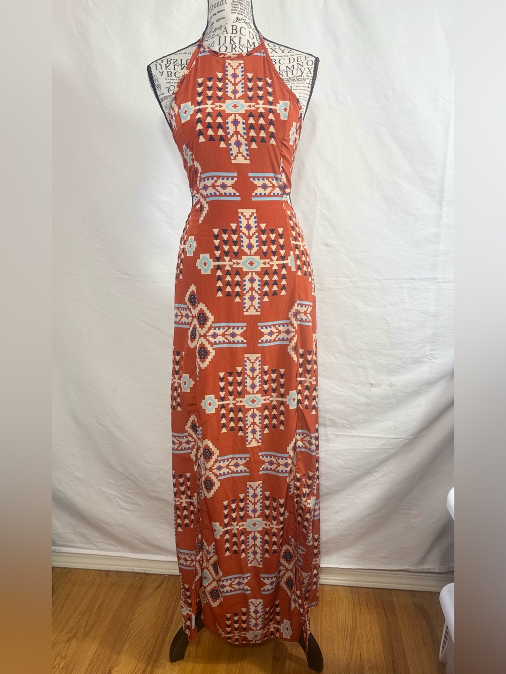 PPLA Rust Orange Geometric Halter Maxi Dress